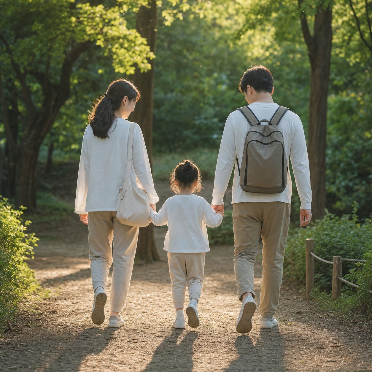 아이 모기 기피제 사용법, 여름 가족 야외활동 전 확인할 9가지 2 밝은색 긴소매 옷을 입고 여름 숲길을 걷는 가족