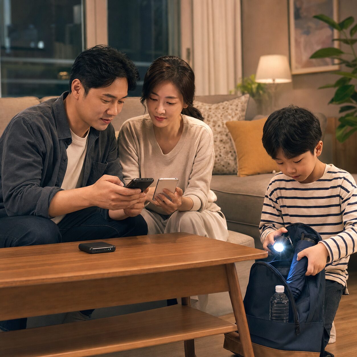 집중호우에 대비해 가족 연락 계획과 가벼운 비상 가방을 준비하는 모습