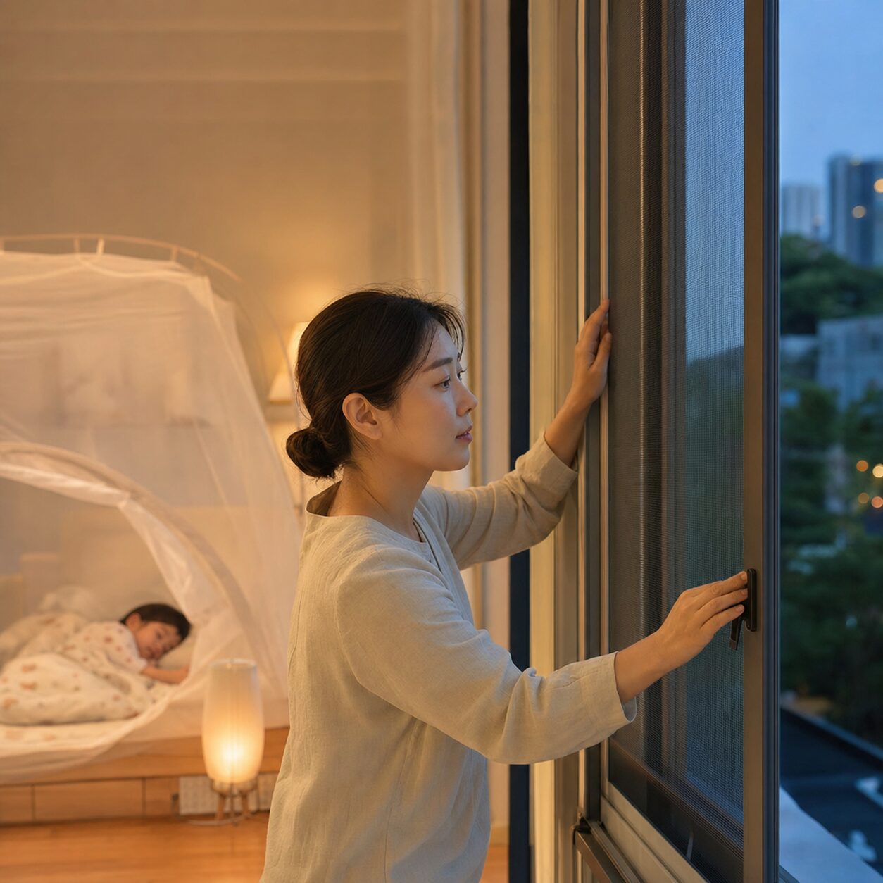 아이 모기 기피제 사용법, 여름 가족 야외활동 전 확인할 9가지 3 저녁에 방충망을 점검하는 부모와 모기장 안에서 자는 아이