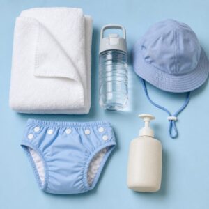 아기 물놀이 전 준비한 수건과 수영용 기저귀 등 위생용품
