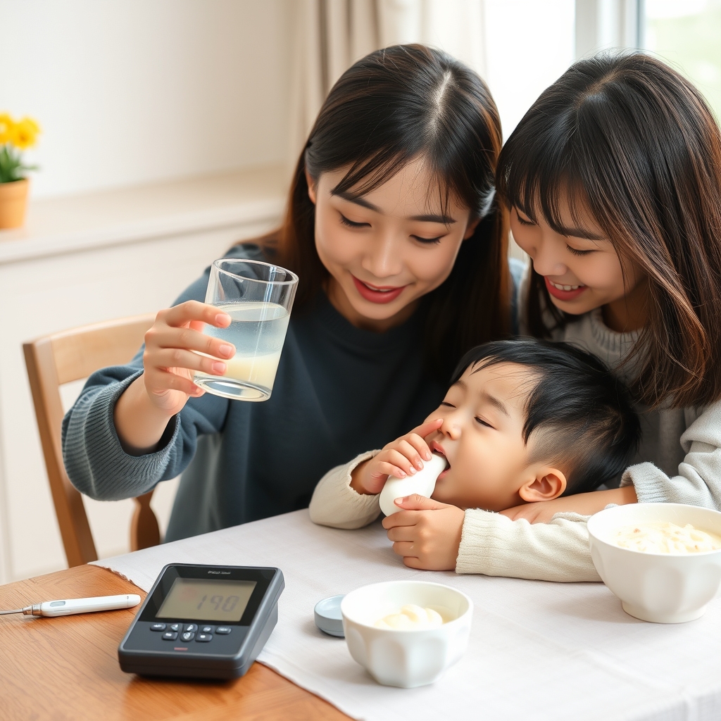 아이 수족구 주요 증상 7가지, 집에서 지켜보다 놓치면 안 되는 신호는? 1 이미지 2 - 입안 통증이 있는 아이에게 시원한 물과 부드러운 음식을 주는 보호자