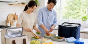 여름 나들이 도시락을 보냉가방에 준비하는 한국 가족