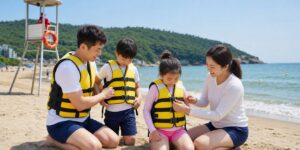 아이와 해수욕장 입수 전 구명조끼를 점검하는 한국 가족