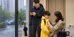 집중호우 출발 전 날씨를 확인하고 우비를 챙기는 가족