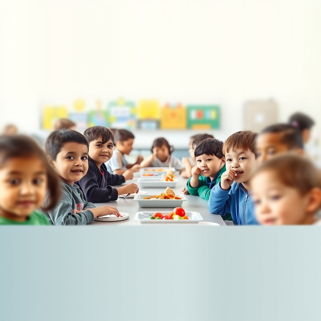 여름철 아이 급식 위생, 우리 동네 점검 결과는 어디서 확인할까? (학부모 필수 체크리스트) 3 밝고 깨끗한 환경에서 급식을 먹는 아이들