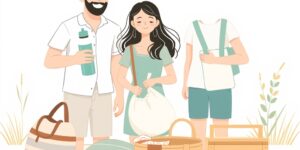 친환경 여행을 준비하는 가족의 모습이 담긴 일러스트