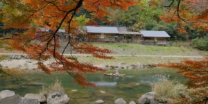 가을 단풍이 물든 조잔케이 온천 마을의 평화로운 풍경