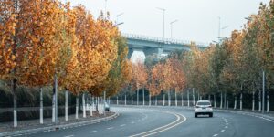 아름다운 단풍길을 달리는 자동차와 가을 풍경
