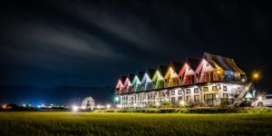 화려한 조명으로 꾸며진 포천 허브아일랜드 야간 풍경
